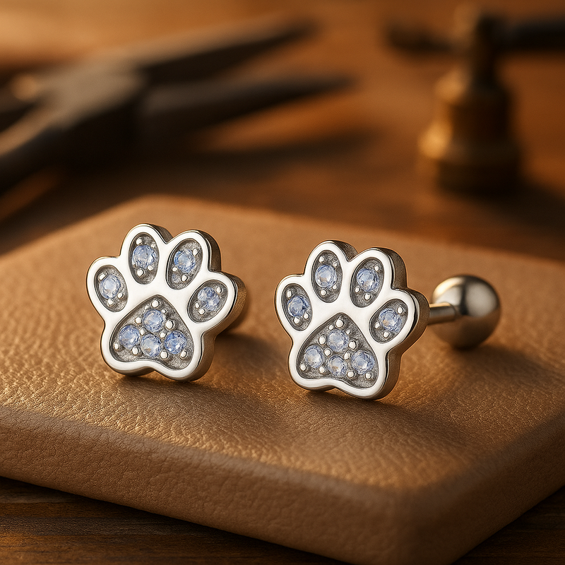 Sterling Silver Paw Print Stud Earrings – Crystal Accent