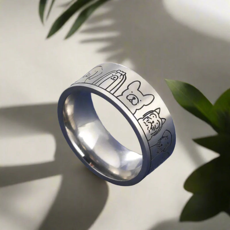 Wide Stainless Steel Dog Ring – Engraved Design for Women