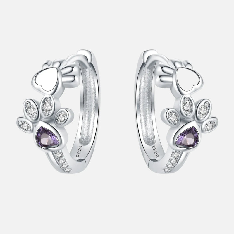 Paw Huggie Earrings in 925 Sterling Silver – With Zirconia and Heart Gem