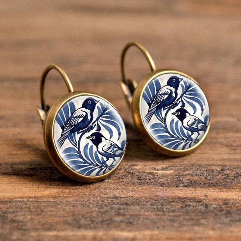 Vintage Blue Magpie Glass Dome Earrings