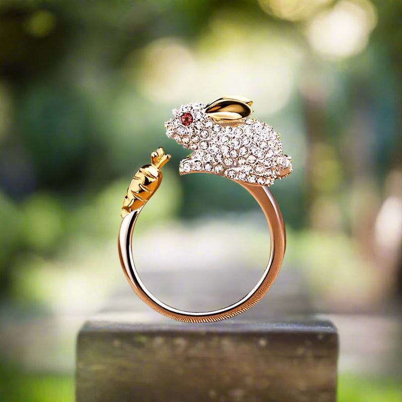 Unique Adjustable Silver Bunny and Carrot Crystal Ring
