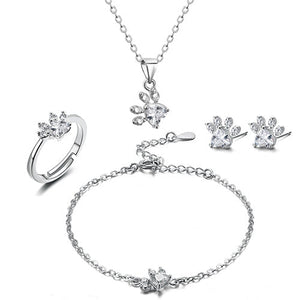 Rose Gold Paw Jewelry Set – 4 Pieces with Zirconia Heart (Ring, Necklace, Earrings, Bracelet)
