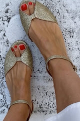 Sandales peep toe glitter estivales basses Or avec bride à la cheville