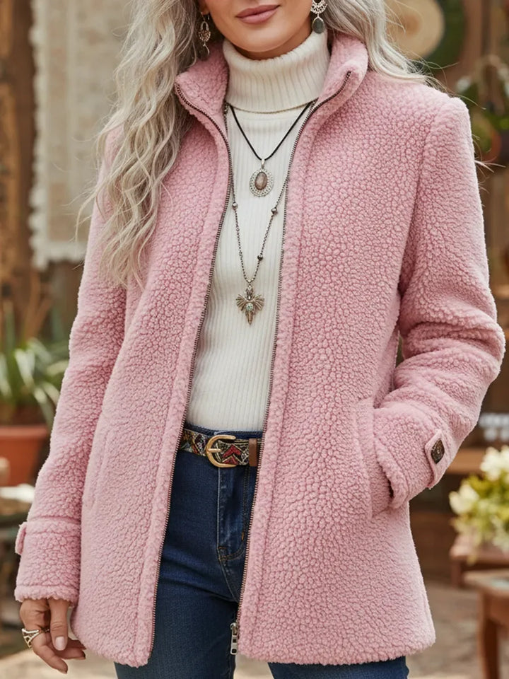 Solange | Veste à col montant douce effet laine d'agneau, zip intégral
