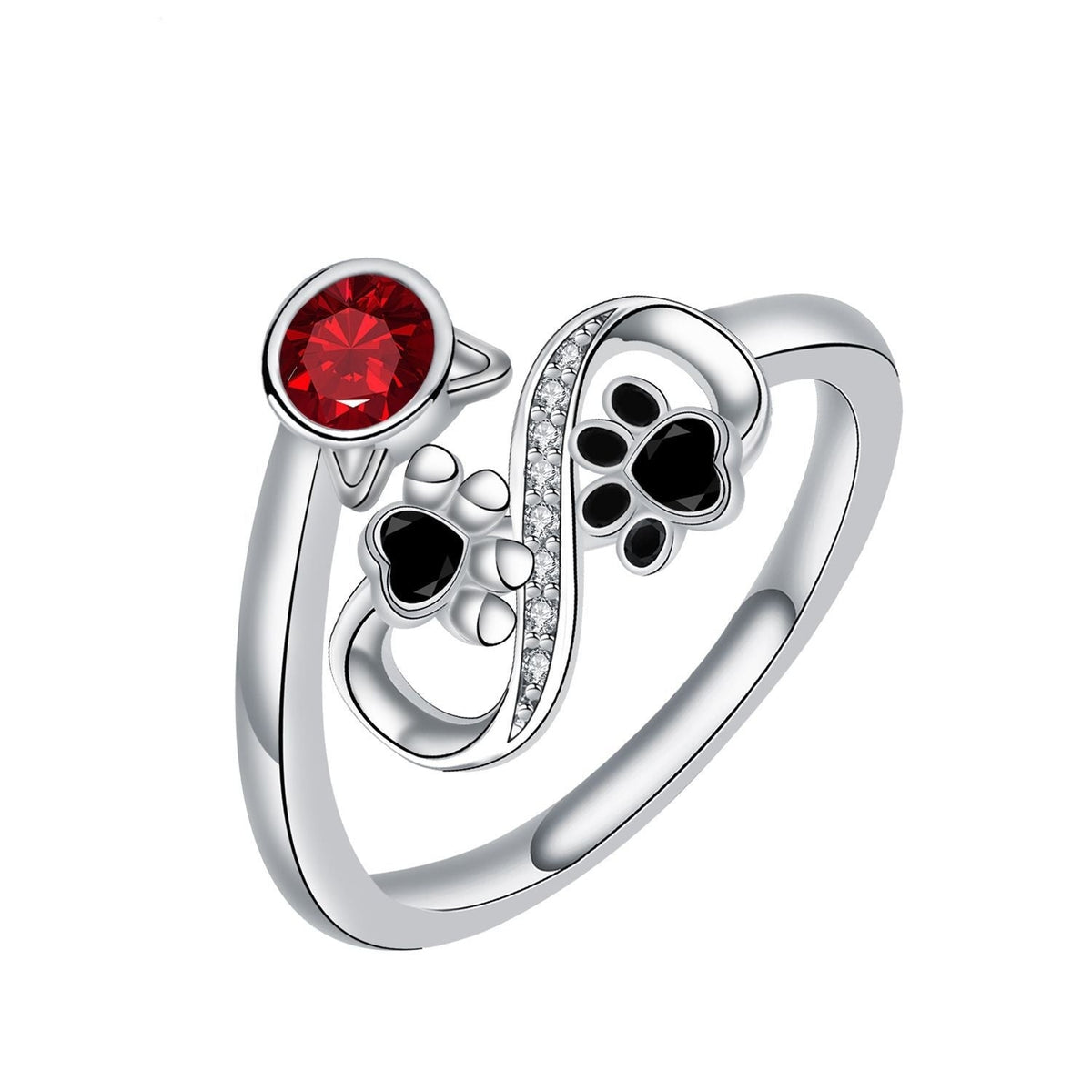 Black Paw Print Adjustable Ring With Red Gemstone