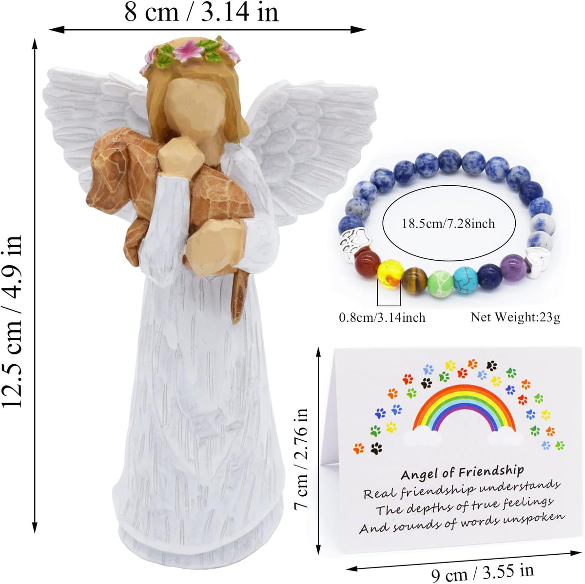 Dog Memorial Gift Set with Angel of Friendship Figurine & Rainbow Bridge Chakra Bracelet