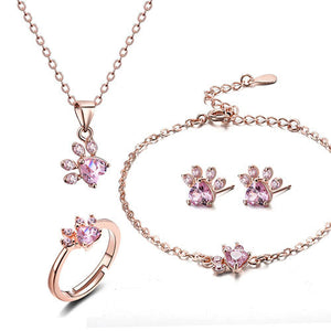 Rose Gold Paw Jewelry Set – 4 Pieces with Zirconia Heart (Ring, Necklace, Earrings, Bracelet)