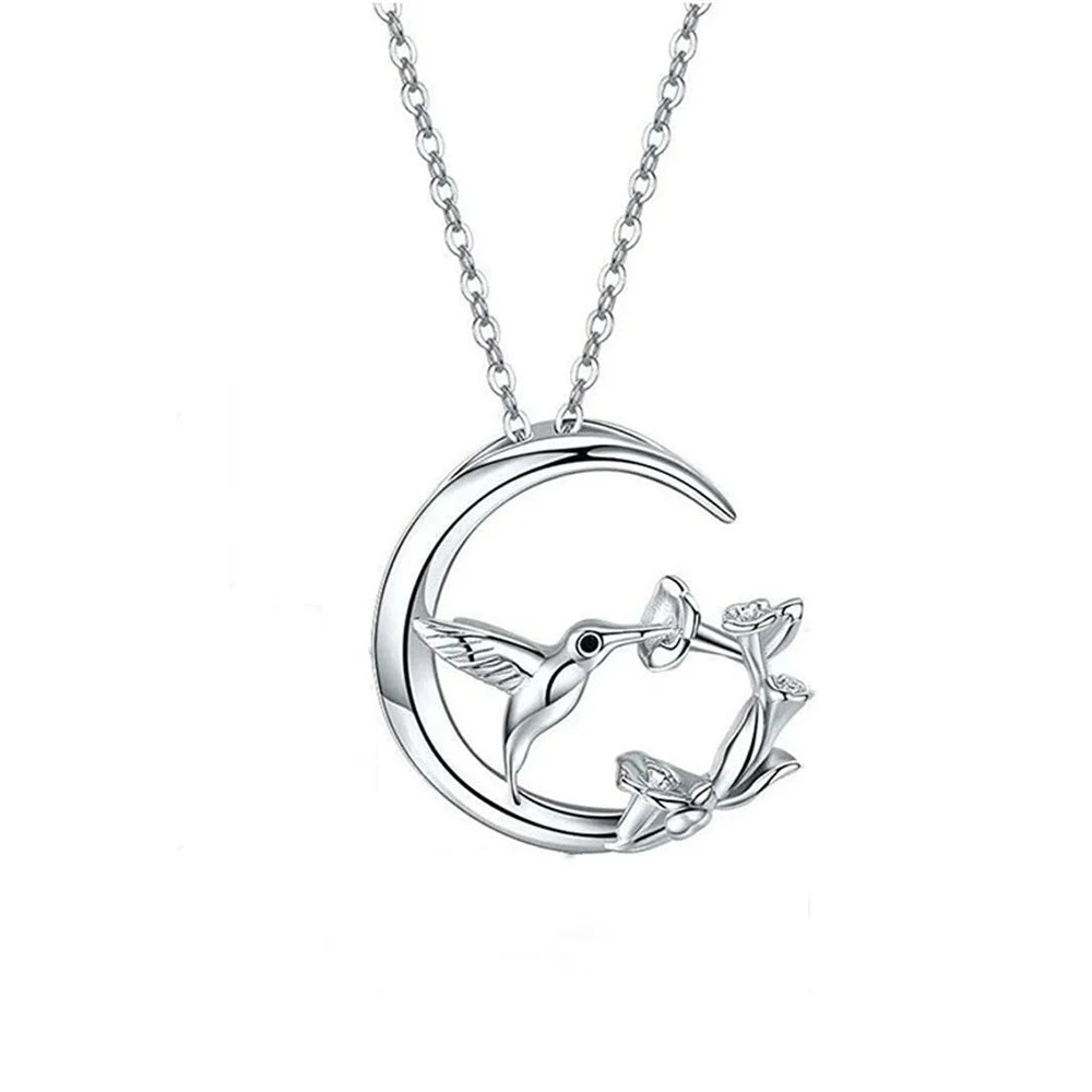 Moon Bird Vintage Silver Pendant Necklace