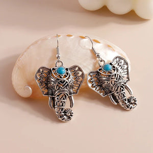 Vintage Elephant Drop Earrings Silver Bohemian