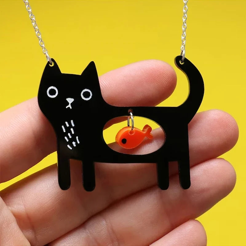 Whimsical Cat & Fish Acrylic Pendant Necklace