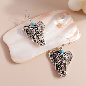 Vintage Elephant Drop Earrings Silver Bohemian