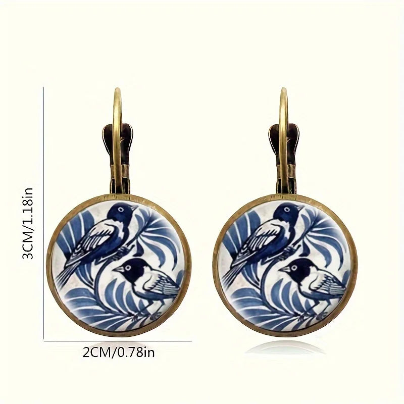 Vintage Blue Magpie Glass Dome Earrings