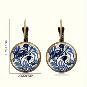Vintage Blue Magpie Glass Dome Earrings
