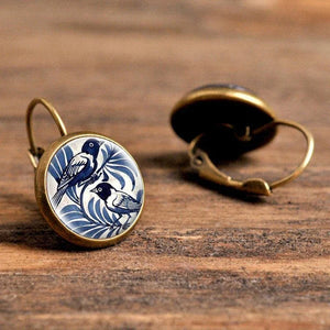 Vintage Blue Magpie Glass Dome Earrings