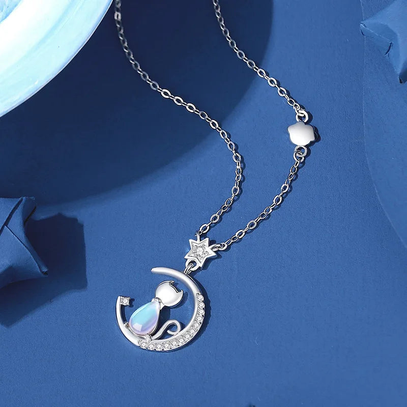 Cat Moon Sterling Silver Necklace