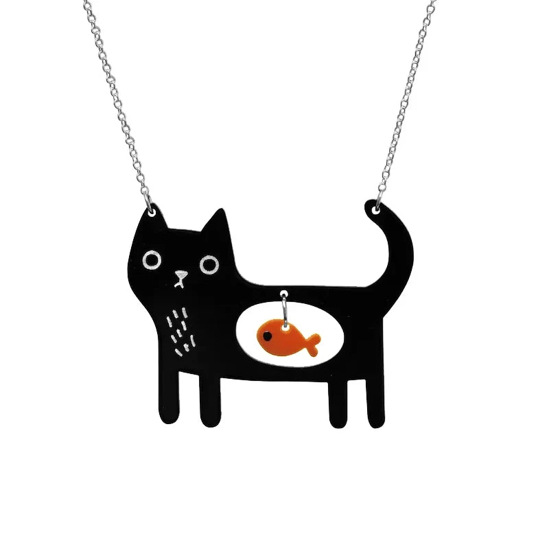 Whimsical Cat & Fish Acrylic Pendant Necklace