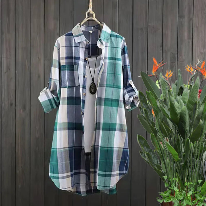 Bobbi Vert d’eau à carreaux | Chemise longue boutonnée