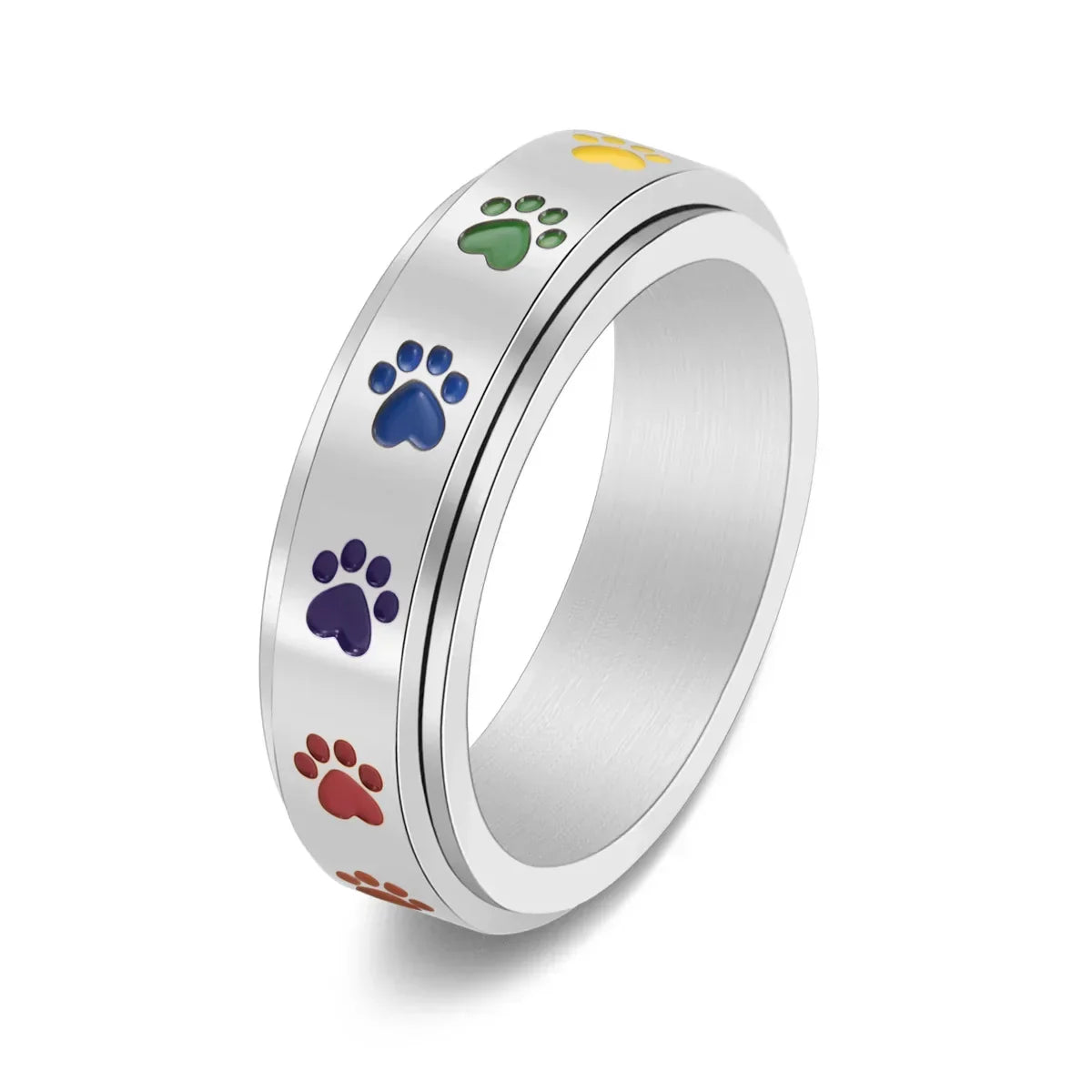 Spinning Stress Reducing Paw Ring – Stainless Steel with Rainbow Paws