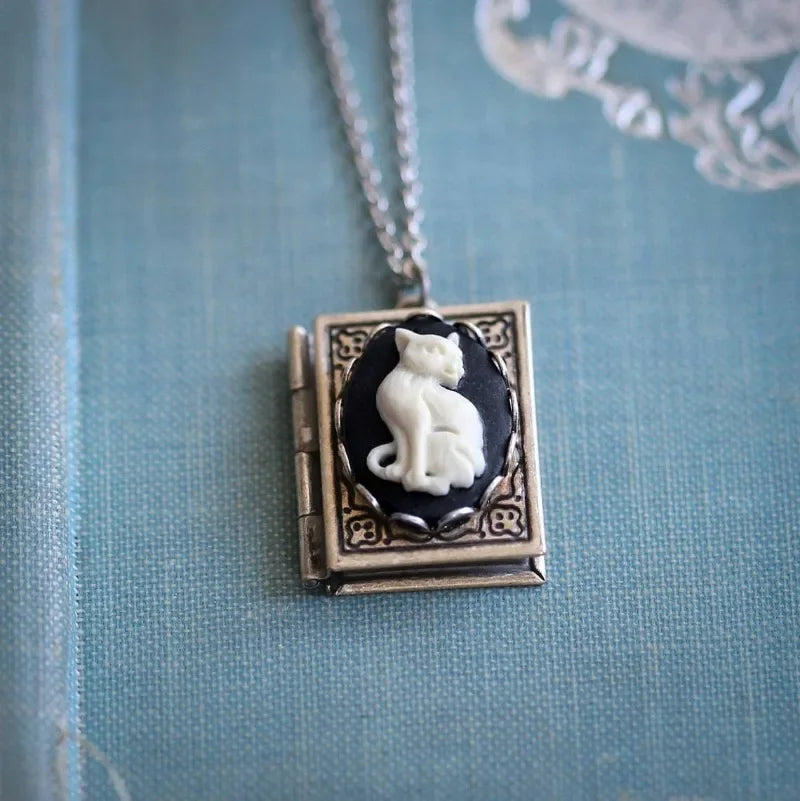 Vintage Cat Book Pendant Necklace – Rotating Page Design