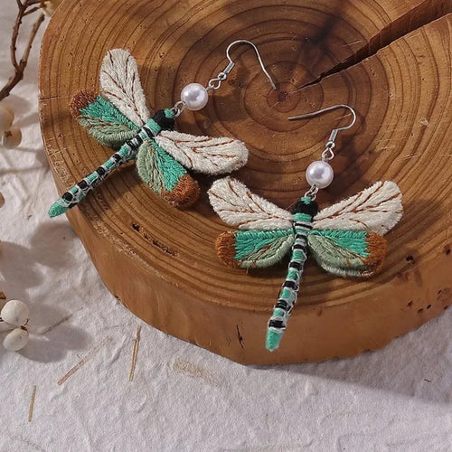 Bohemian Embroidered Dragonfly Earrings