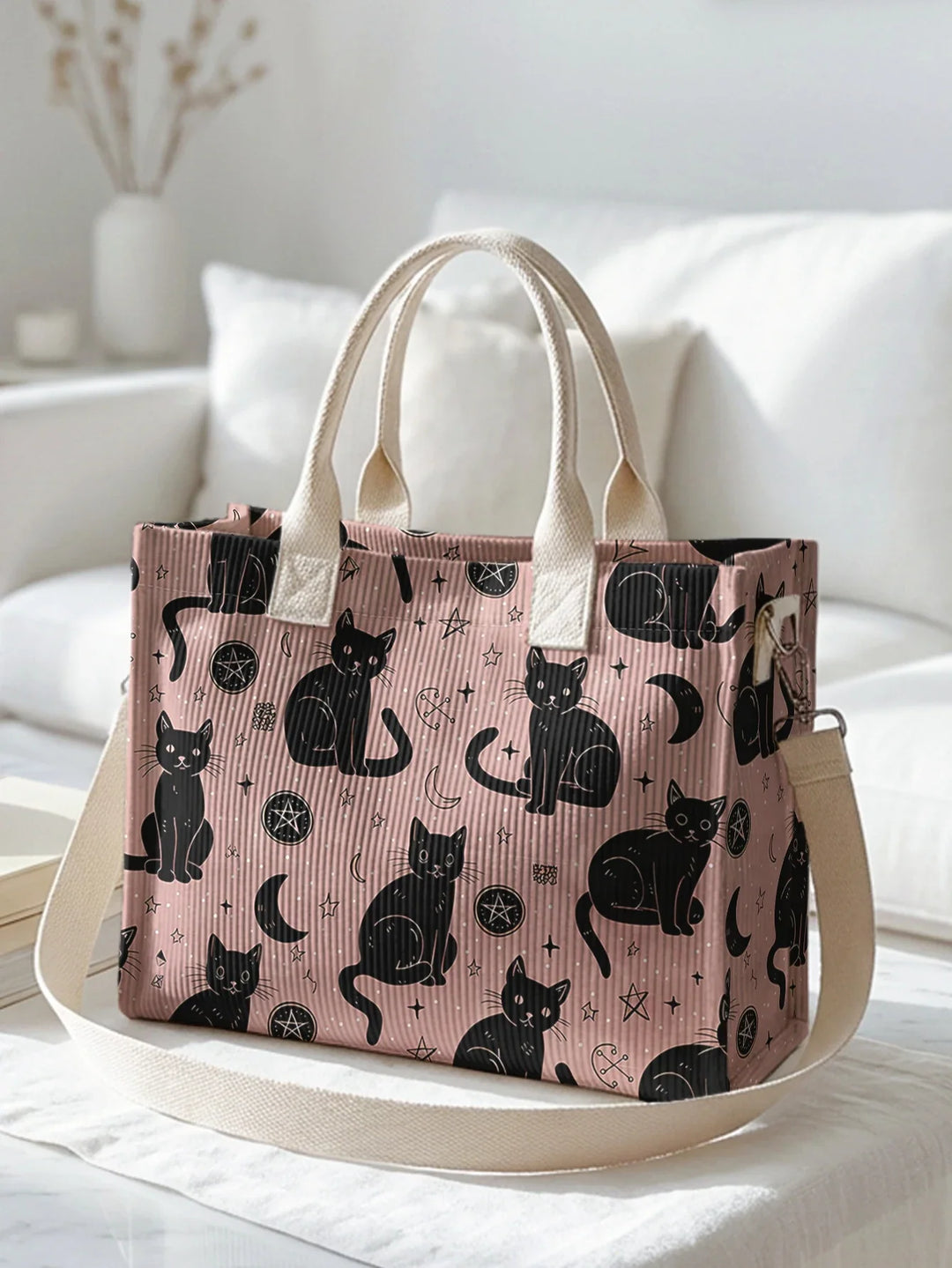 Chats Roses & Étoiles | Sac cabas en velours côtelé