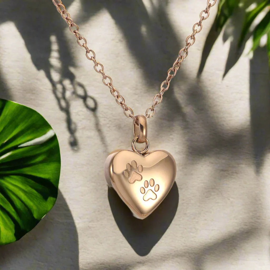 Pet Memorial Urn Necklace – Heart-Shaped Pendant with Paw Engraving