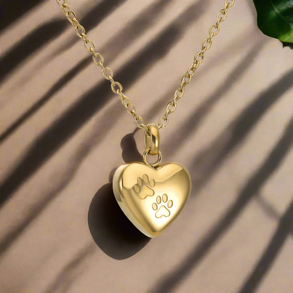 Pet Memorial Urn Necklace – Heart-Shaped Pendant with Paw Engraving