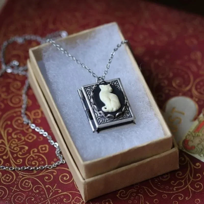 Vintage Cat Book Pendant Necklace – Rotating Page Design