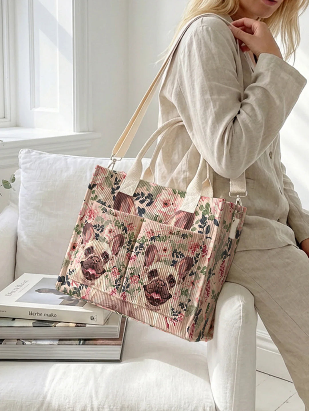 Boubou le Bouledogue | Sac cabas en velours côtelé