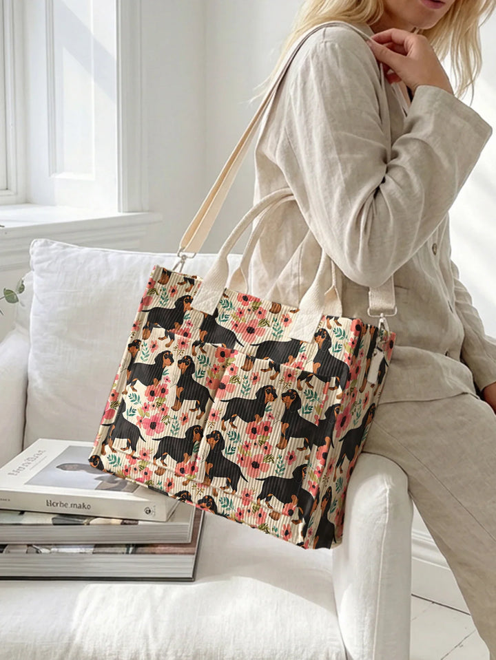 Dolly le Teckel Fleuri | Sac cabas en velours côtelé