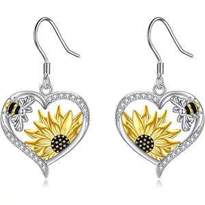 Vintage Boho Sunflower & Bee Heart Dangle Earrings