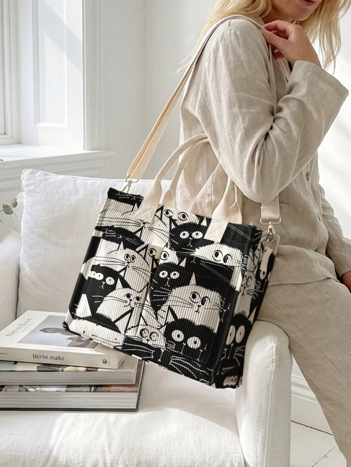Chats en Noir et Blanc | Sac cabas en velours côtelé