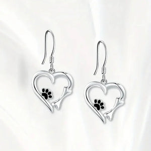 Silver Drop Earrings with Heart & Paw Design