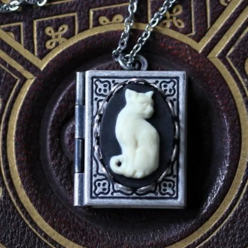 Vintage Cat Book Pendant Necklace – Rotating Page Design