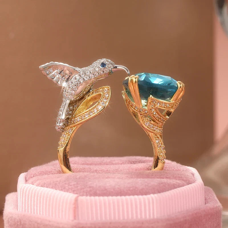 Adjustable Aquamarine-Color Hummingbird Ring – 14K Gold Plated