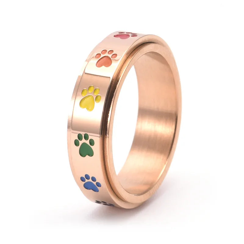 Spinning Stress Reducing Paw Ring – Stainless Steel with Rainbow Paws