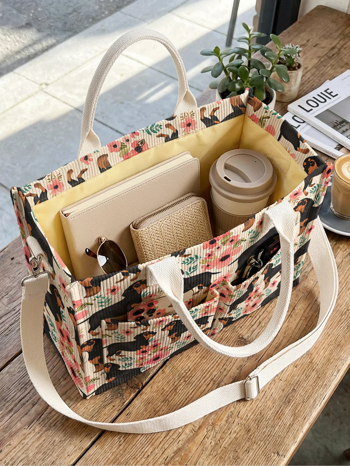 Dolly le Teckel Fleuri | Sac cabas en velours côtelé