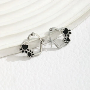 Heart Paw Huggie Earrings with Black Enamel