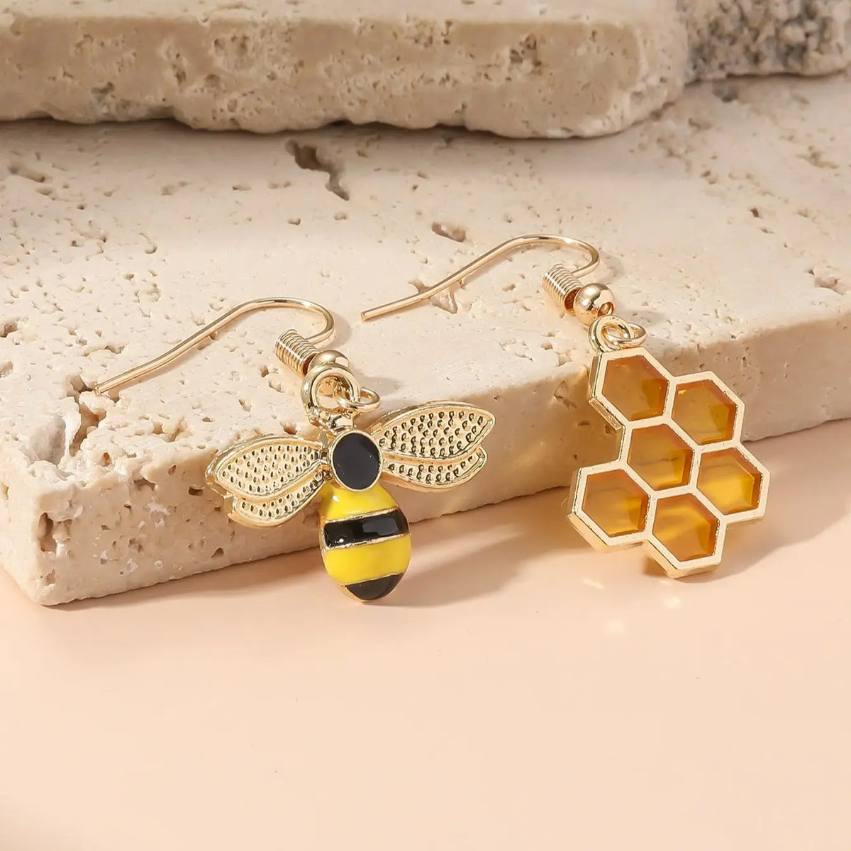 Honeycomb & Bee Drop Earrings – Gold Tone Jewelry for Women