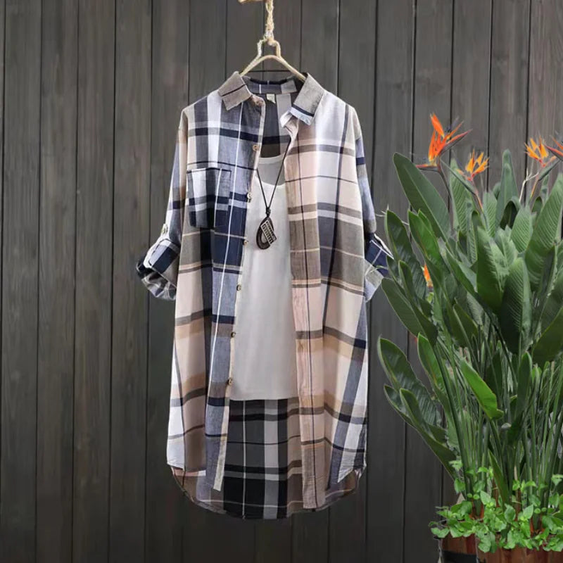 Chemise mi-longue à carreaux en coton | Manches longues