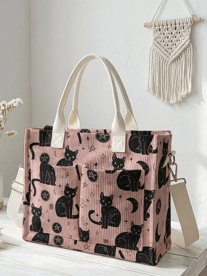 Chats Roses & Étoiles | Sac cabas en velours côtelé