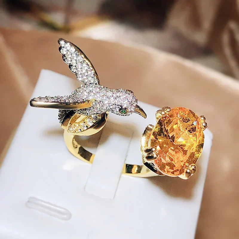 Adjustable Hummingbird Gemstone Ring – Zircon, 14K Gold Plated