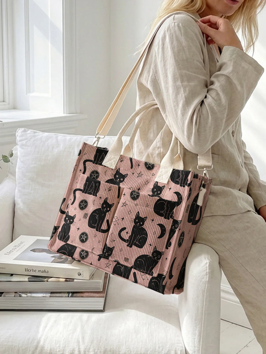 Chats Roses & Étoiles | Sac cabas en velours côtelé