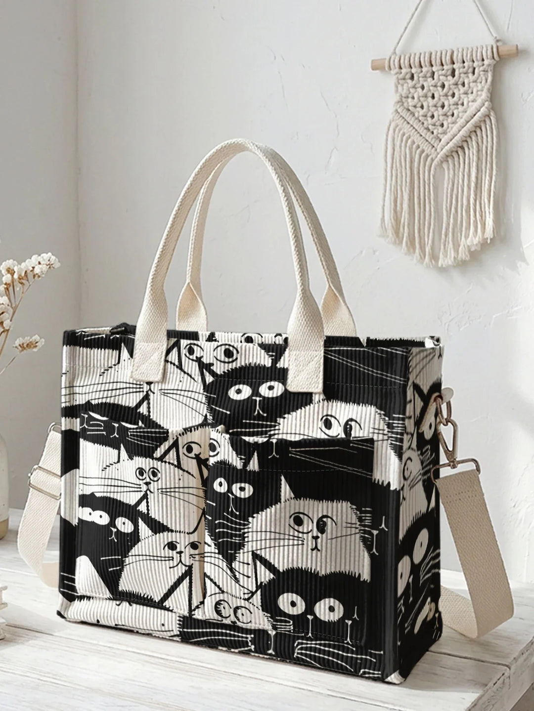 Chats en Noir et Blanc | Sac cabas en velours côtelé