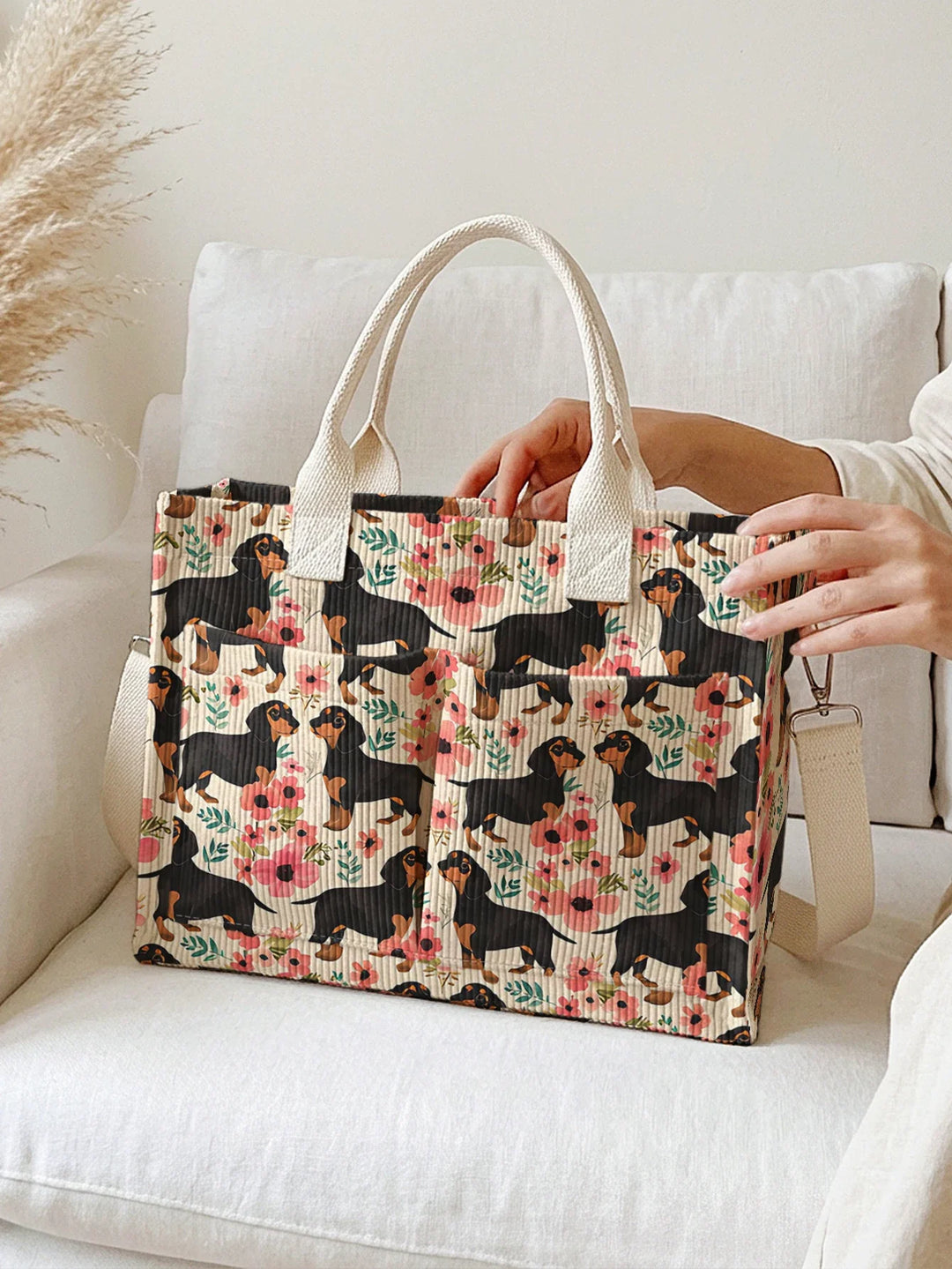 Dolly le Teckel Fleuri | Sac cabas en velours côtelé