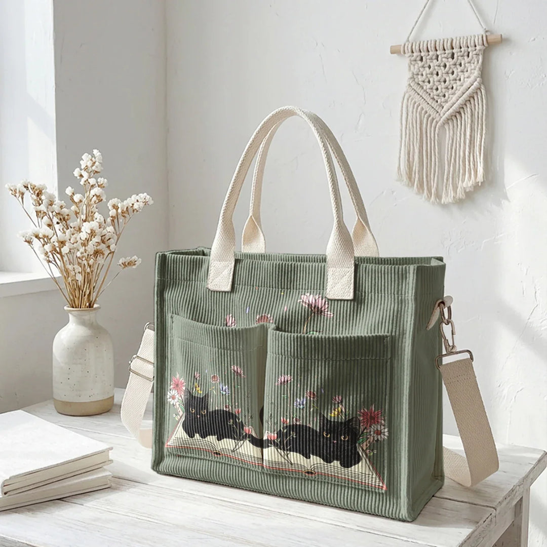 Chat Lecteur | Sac cabas en velours côtelé
