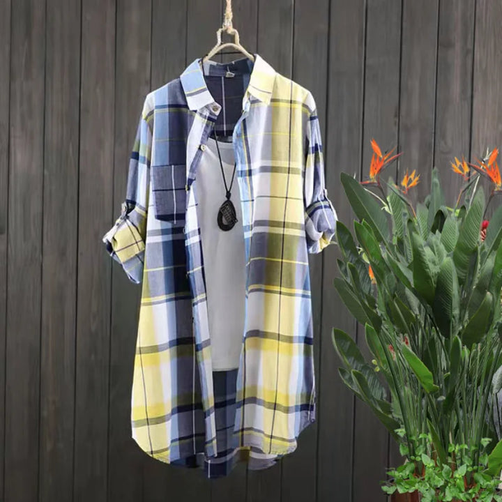 Chemise mi-longue à carreaux en coton | Manches longues