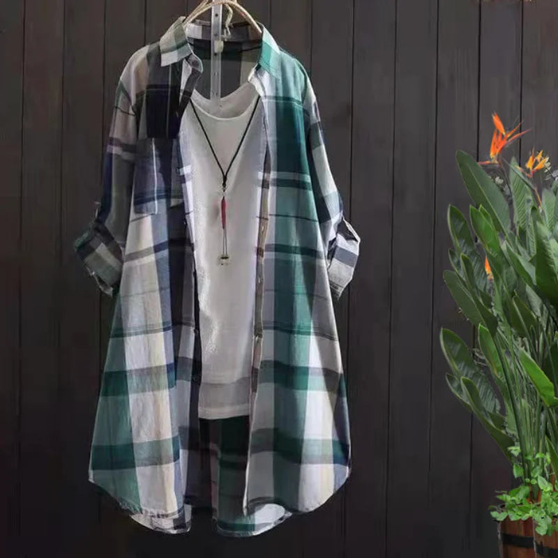 Bobbi Vert d’eau à carreaux | Chemise longue boutonnée