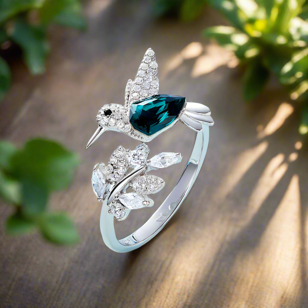 Adjustable Hummingbird Sparkle Ring with Rhinestone Diamond
