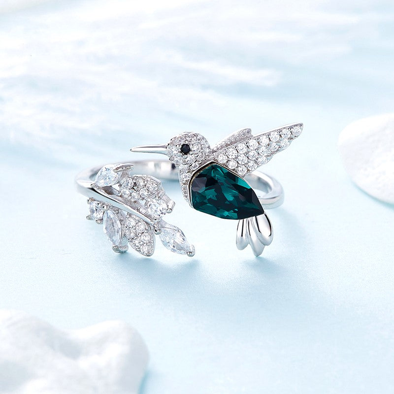 Adjustable Hummingbird Sparkle Ring with Rhinestone Diamond